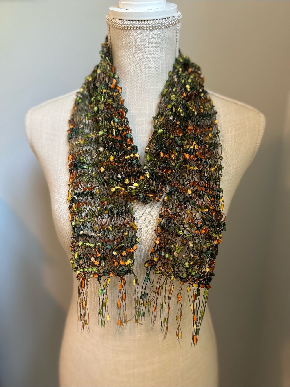 Handcrafted Multi Color Ladder Ribbon Knit Scarf - Picture 3 of 5